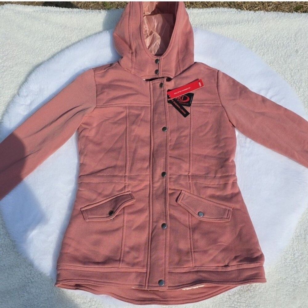 Mauve Pink Zip Sherpa Lined Hooded Coat Small Adjustable Cinch Drawstring Waist